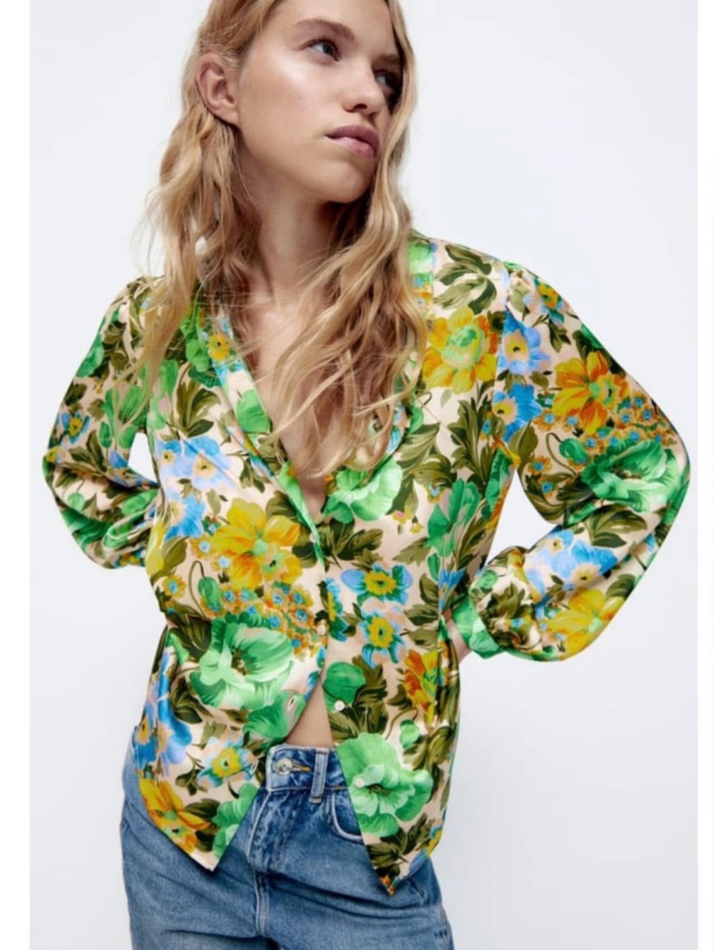 Zara Floral Satin Blouse in Green, Yellow and Blue